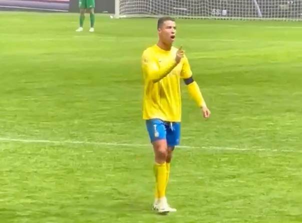 Al Nassr captain Cristiano Ronaldo pictured waving his finger while shouting at Al-Hilal fans after they chanted "Messi, Messi, Messi" during a game in the 2024 Riyadh Season Cup